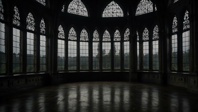 Empty gothic-style dark room with large windows.
