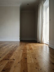 Fototapeta premium Empty living room with white walls and wooden flooring.