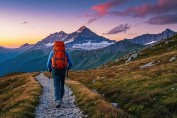 Fototapeta premium Trekking Adventure: Hiker on a Vibrant Mountain Path During Dawn