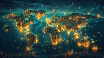 Illuminated world map showing the interconnected global landscape with glowing cities transportation networks and energy infrastructure
