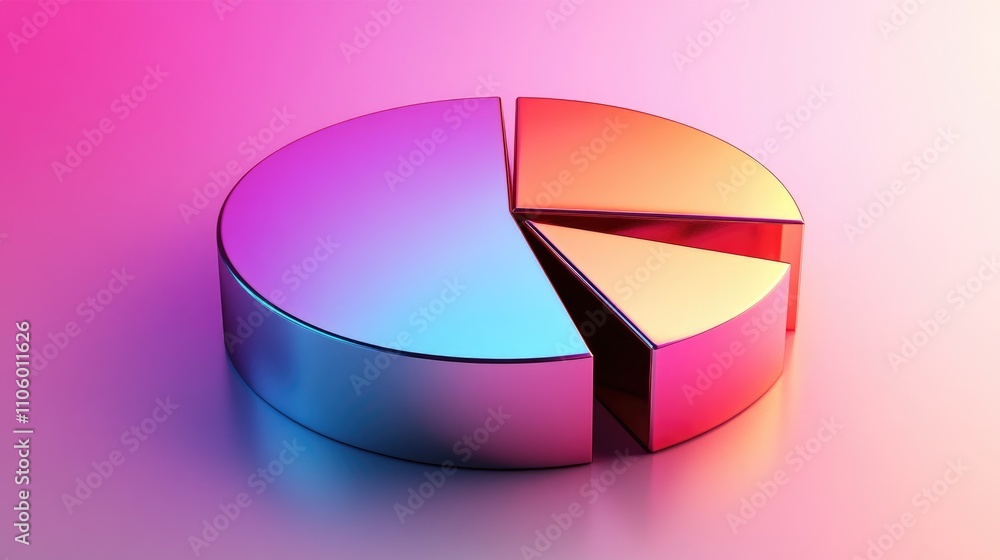 Poster a glossy 3d pie chart with bold, metallic sections, slightly separated to emphasize each data catego