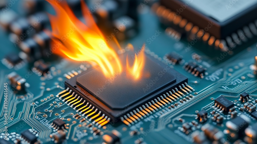 Poster a close-up of a computer chip on a circuit board, with flames erupting from its surface, symbolizing