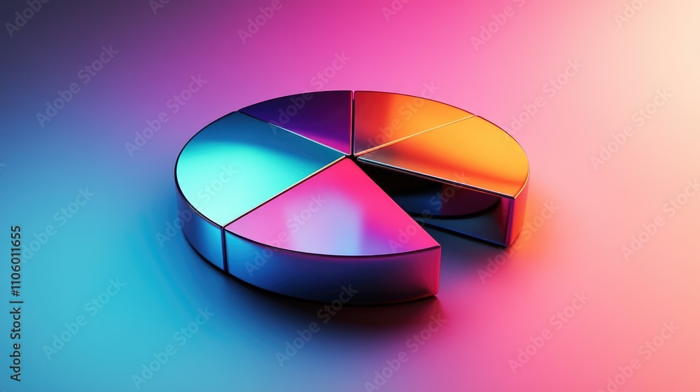 Poster a glossy 3d pie chart with bold, metallic sections, slightly separated to emphasize each data catego