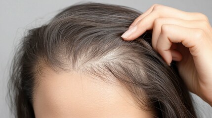 Fototapeta premium A gentle hand motion parting thin hair, emphasizing scalp visibility and the challenge of hair loss.