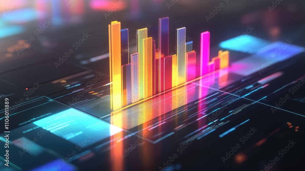 Poster a glowing 3d bar graph with metallic, multicolored bars representing financial data, set on a sleek,