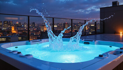 luxurious hot tub with splashes and blue lighting overlooking city skyline at night