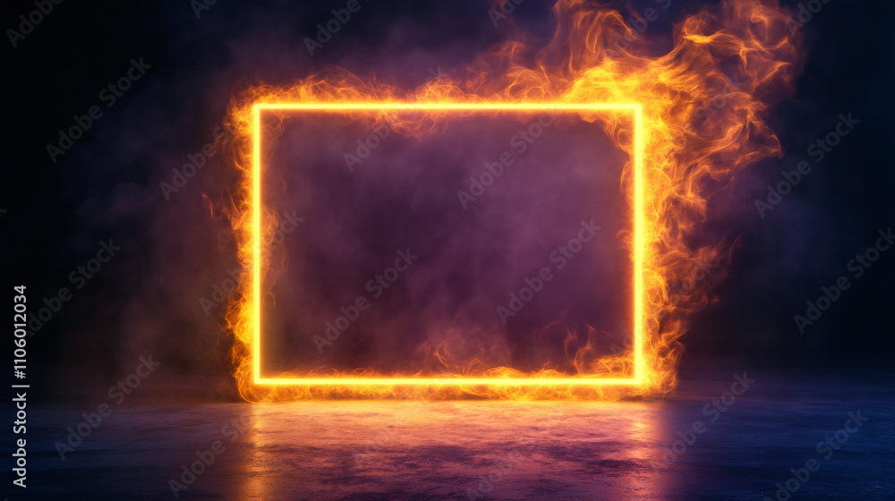 Aufkleber empty square frame glowing with fire and smoke in dark room, perfect for placing your product or mes