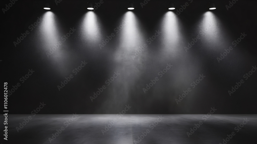 Poster five spotlights illuminating an empty concrete room with smoke for a dramatic and mysterious ambianc