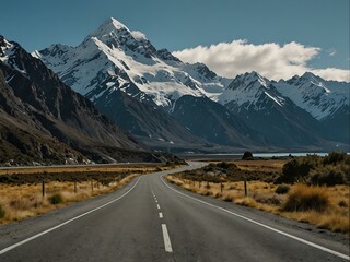 Fototapeta premium Empty road leading to New Zealand’s Mount Cook.