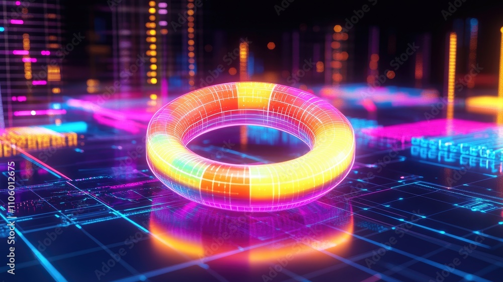 Poster a high-tech 3d donut chart with neon-colored segments rotating around a central axis, surrounded by 