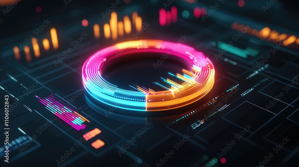 Poster a high-tech 3d donut chart with neon-colored segments rotating around a central axis, surrounded by 