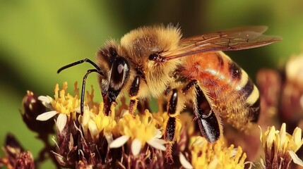 Close-up of a honeybee foraging on yellow flowers.