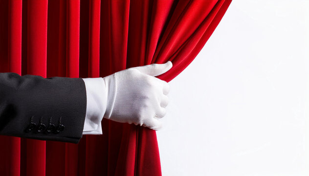Mano elegante en guante blanco tira de las cortinas rojas