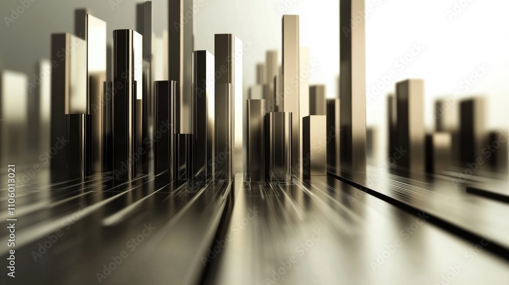 Poster a high-tech 3d financial bar chart with metallic bars rising from a sleek surface, showing financial