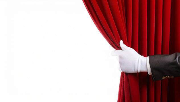 Mano elegante en guante blanco tira de las cortinas rojas