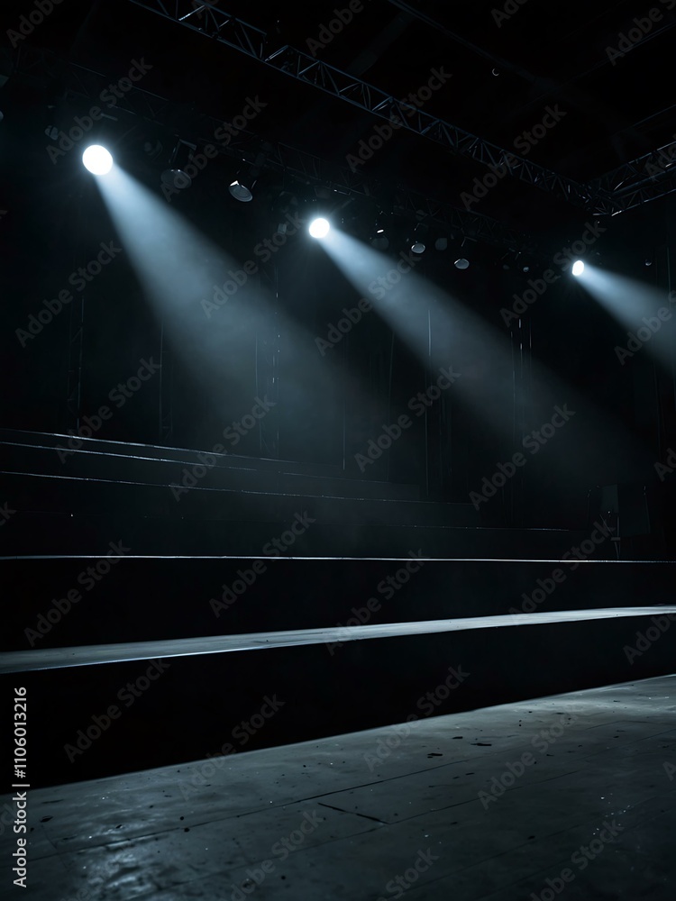 Poster empty stage illuminated by spotlights, waiting for a performance.