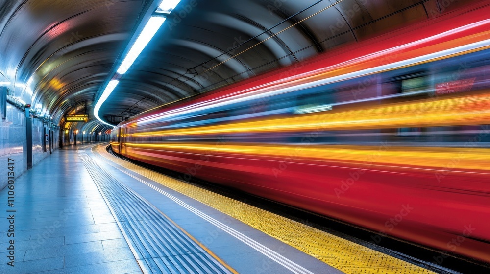 Poster a long exposure image capturing a train speeding through a subway tunnel, with motion blur effects c