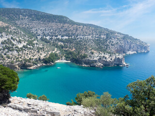 Thassos island shore, Greece, at Aliki village. Thassos is the northernmost Greek island, and 12th...