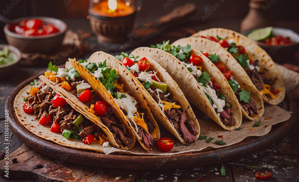 Poster plate of six tacos with meat and cheese. the tacos are on a wooden board. there are also some bowls 
