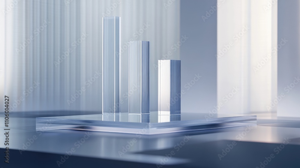 Poster a modern 3d bar chart with segmented, transparent bars floating above a financial data surface, show