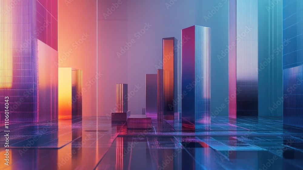 Poster a modern 3d bar chart with segmented, transparent bars floating above a financial data surface, show