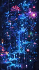 Obraz premium Captivating surreal landscape featuring a mesmerizing fusion of ethereal waterfalls magical trees glowing celestial elements and a vibrant psychedelic color palette