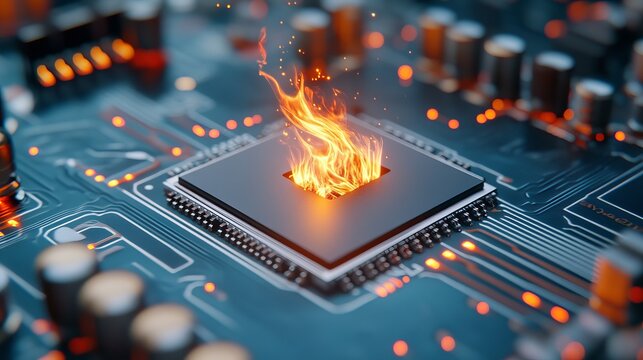 A dramatic close-up of a microprocessor with flames emerging, symbolizing intense computing power and high performance.