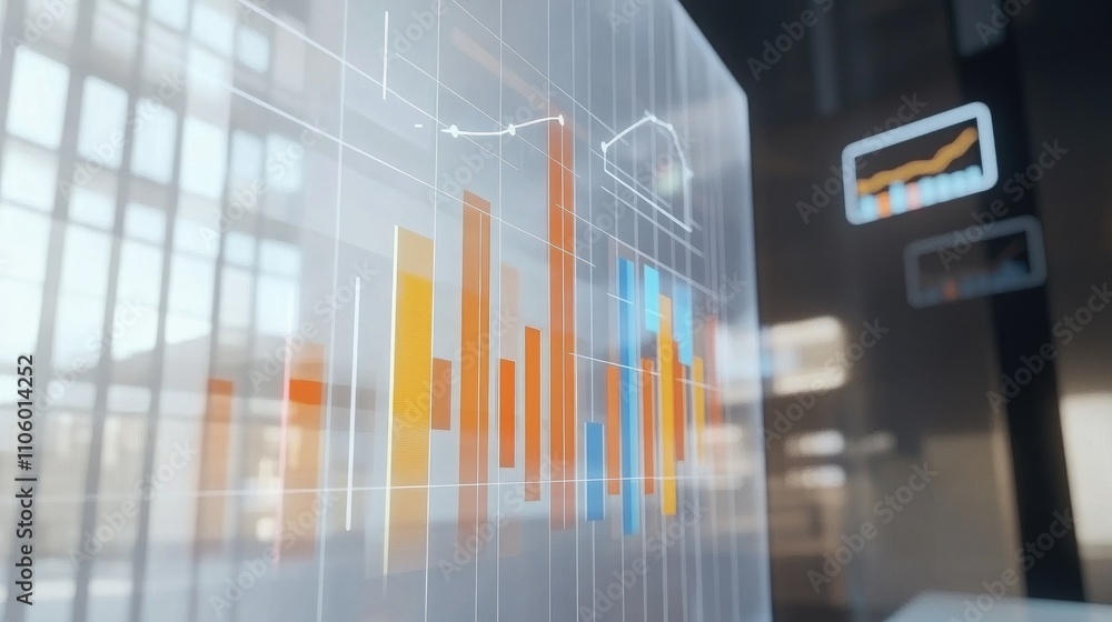 Poster a modern business chart with upward-trending bars and arrows, showcasing financial progress, display