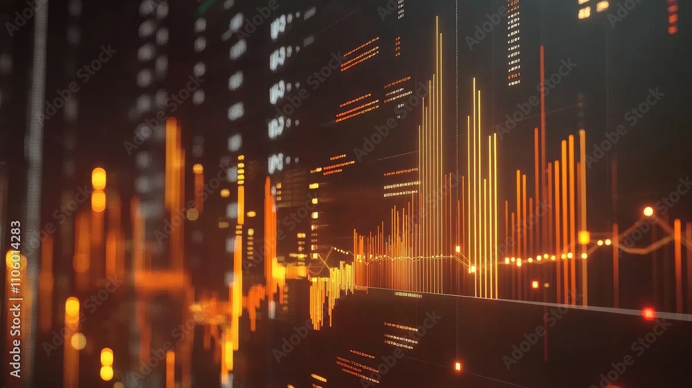 Poster a modern business chart with upward-trending bars and arrows, showcasing financial progress, display