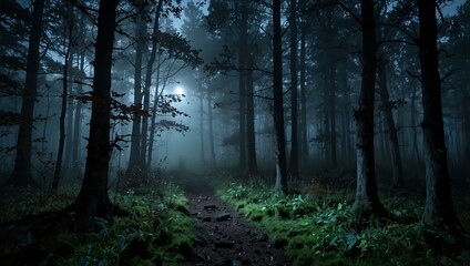 Fototapeta premium Enchanted foggy forest under moonlight.