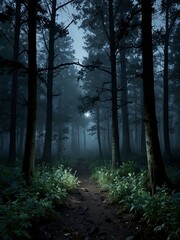 Obraz premium Enchanted foggy forest under moonlight.