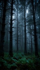 Obraz premium Enchanted foggy forest under moonlit twilight.