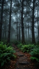 Fototapeta premium Enchanted foggy forest with mystical glowing ambiance.