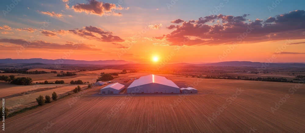Poster a large white building sits in a field with a sunset behind it.