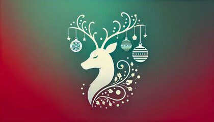 Elegant Holiday Reindeer: Minimalist White Silhouette with Festive Ornaments on Gradient Background