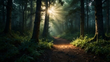 Obraz premium Enchanted forest path with mystical light.