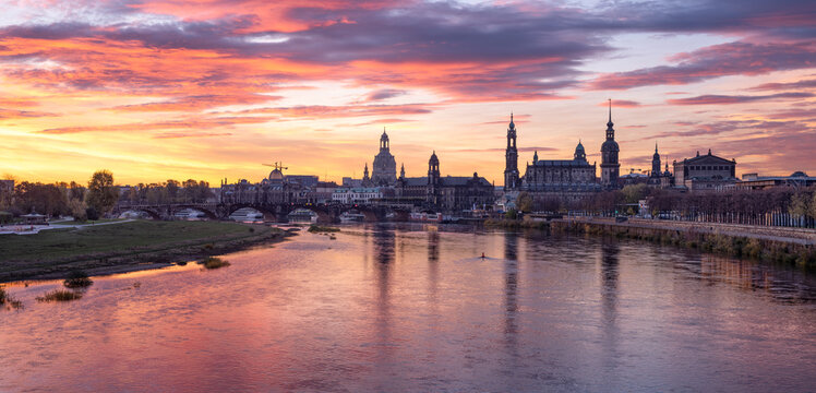 Dresden skyline panorama at sunrise, Saxony, Germany