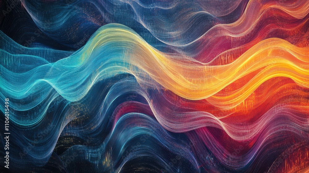Poster a vibrant abstract design featuring flowing waves of blue, orange, and red colors, creating a dynami
