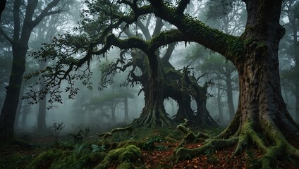Fototapeta premium Enchanted forest with an ancient tree in misty woods.