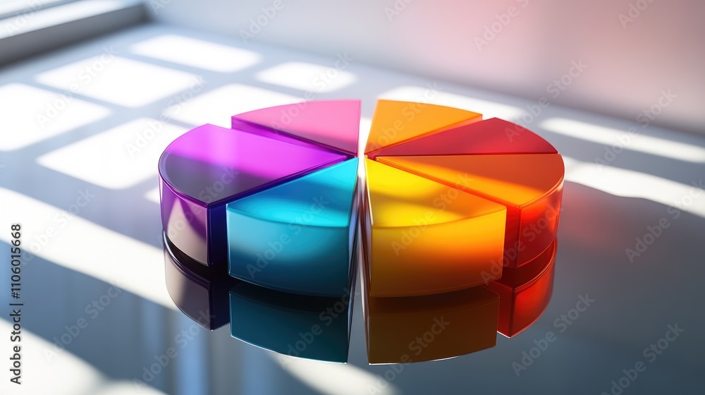 Poster a multi-colored 3d pie chart with each slice elevated, casting shadows on a reflective surface, repr