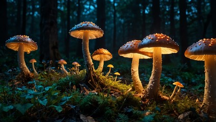 Fototapeta premium Enchanted forest with glowing mushrooms at dusk.