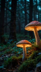 Fototapeta premium Enchanted forest with glowing mushrooms at dusk.