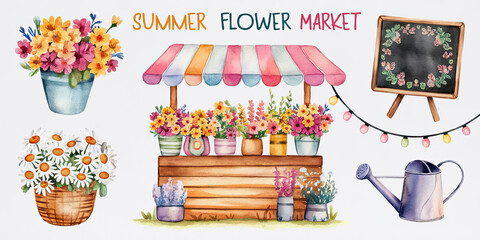 Watercolor illustration of a summer flower market with rows of blooming flowers and a lively, bustling atmosphere of people and vendors.