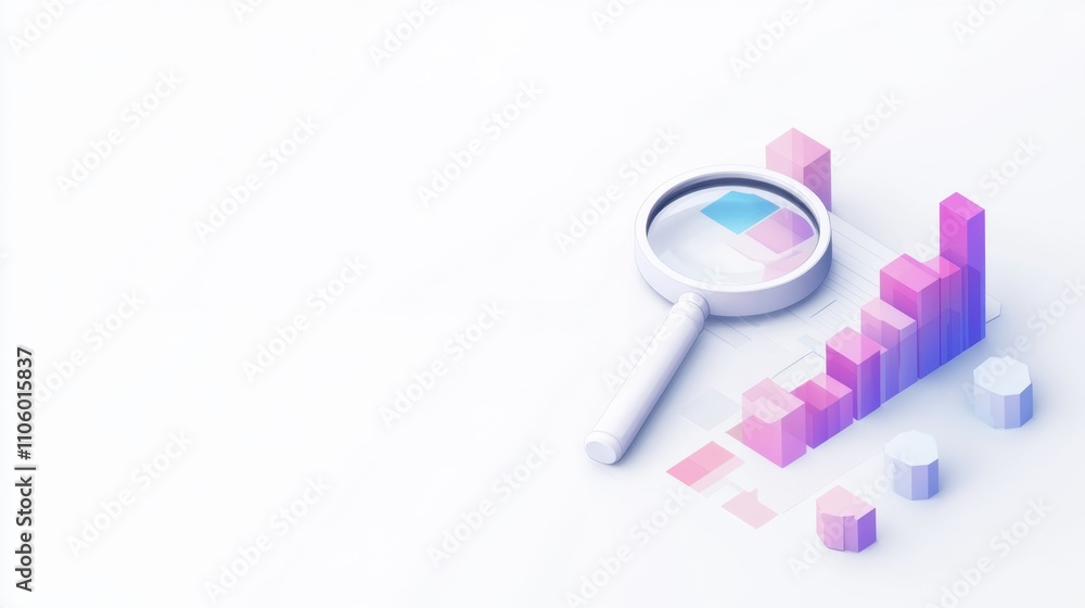 Poster a magnifying glass examines colorful data bars, symbolizing analysis and insights in a digital or bu