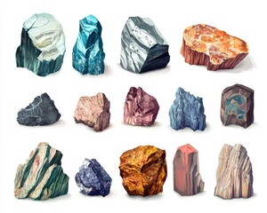 Metamorphic Rock Specimens Collection. Various Stone and Mineral Samples in Geologic Set