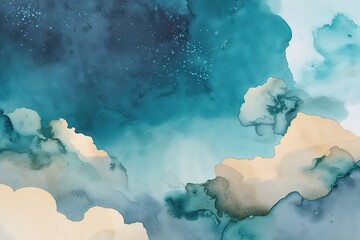 Serene Sky Blue Watercolor Background with Textured Celestial Clouds and Gentle Fade