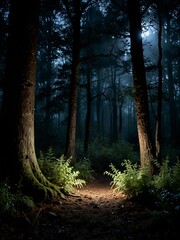 Obraz premium Enchanted forest with soft moonlight glowing through the trees.