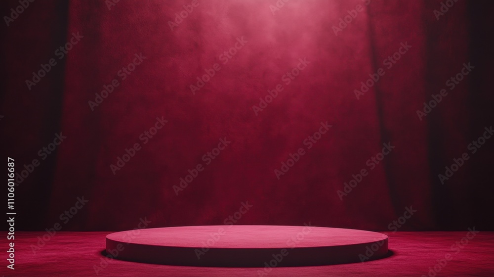 Poster a minimalist red stage with a circular platform, illuminated softly, creating an inviting atmosphere