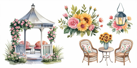 A watercolor illustration of a tranquil summer gazebo