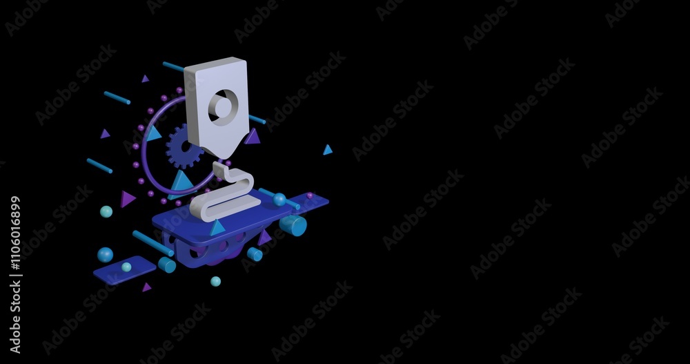 Poster white 3d printer symbol on a pedestal of abstract geometric shapes floating in the air. abstract con